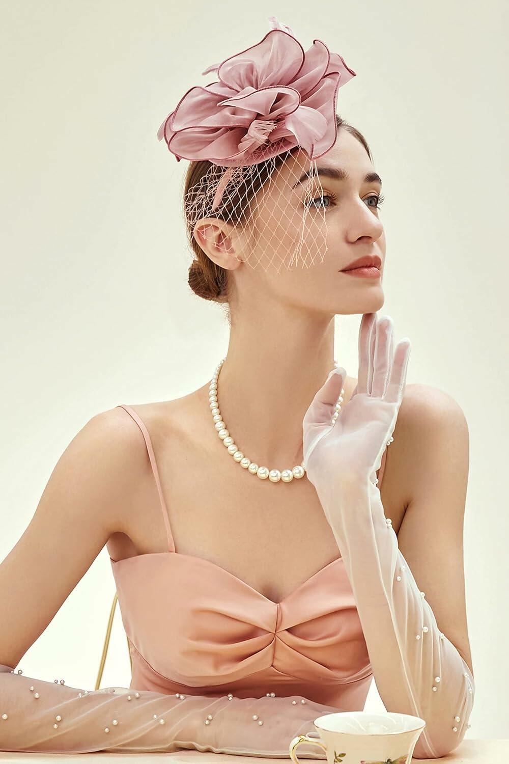SHUERIET Women Feather Veil Floral Headband Hat Deep Pink