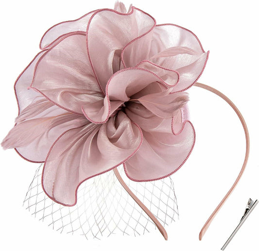 SHUERIET Women Feather Veil Floral Headband Hat Deep Pink