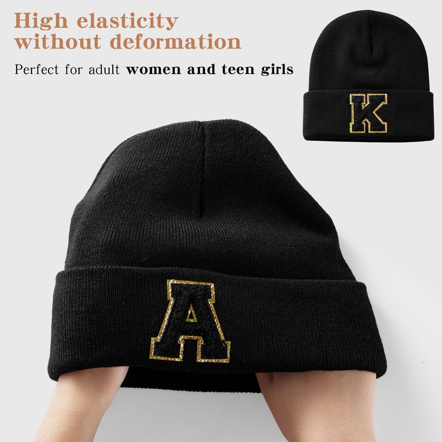 Lightbird Initials Beanie Winter Hat Black for Women Teens