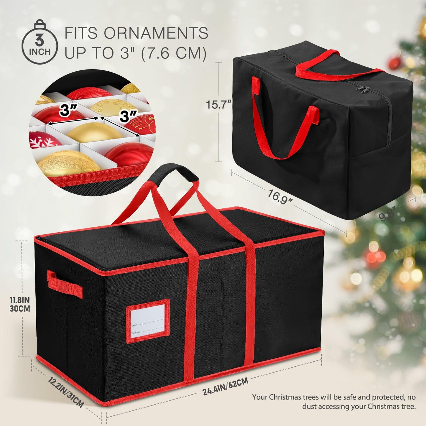 EIMMBD Christmas Ornament Storage Box 3-Tray Organizer with Dividers Black