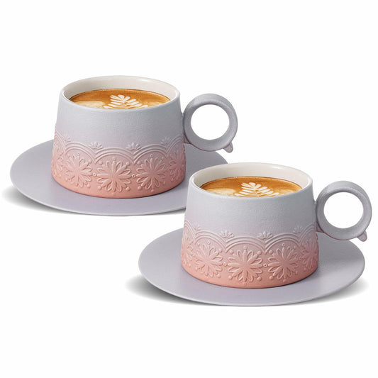 ZENS Ceramic Cappuccino Cups Set 2 Grey Pink 7.3oz Embossed Ceramic