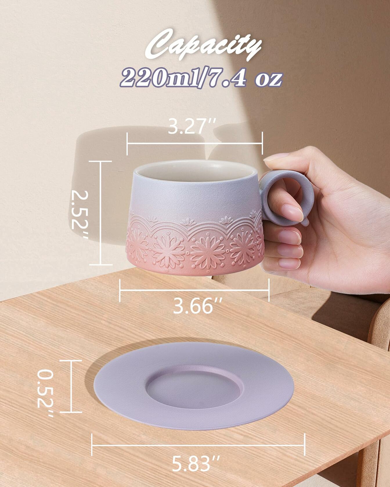 ZENS Ceramic Cappuccino Cups Set 2 Grey Pink 7.3oz Embossed Ceramic