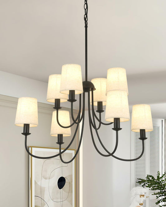 Mieloxiy 8 Light Modern Black Metal Linen Chandelier E12 Bulbs Not Included