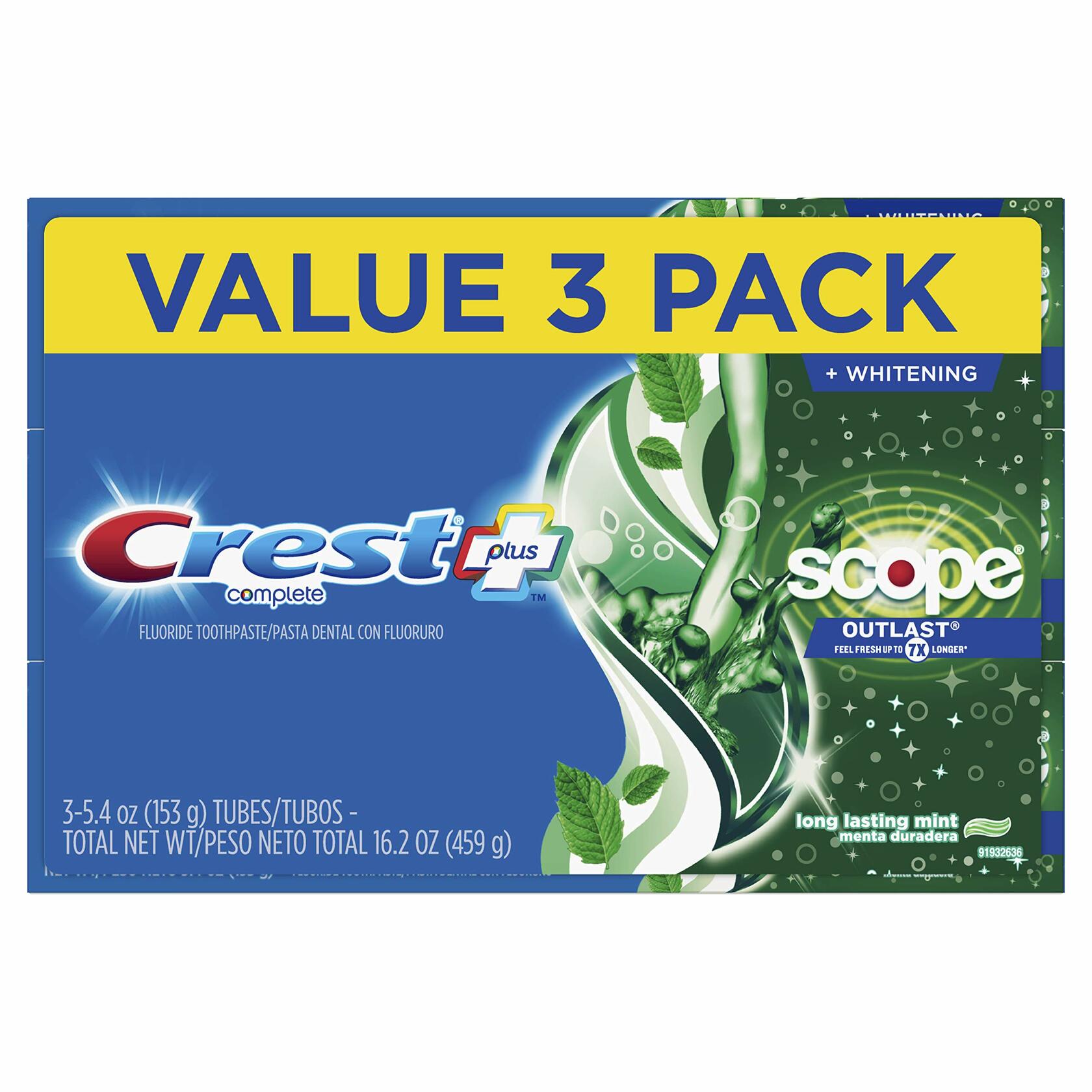 Crest Plus Scope Outlast Whitening Toothpaste Mint 5.4oz 3 Count