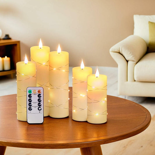 Niceme 5PCS Flameless Pillar Candles with Embedded String Lights Ivory