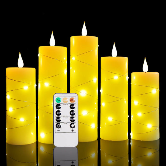 Niceme 5PCS Flameless Pillar Candles with Embedded String Lights Ivory