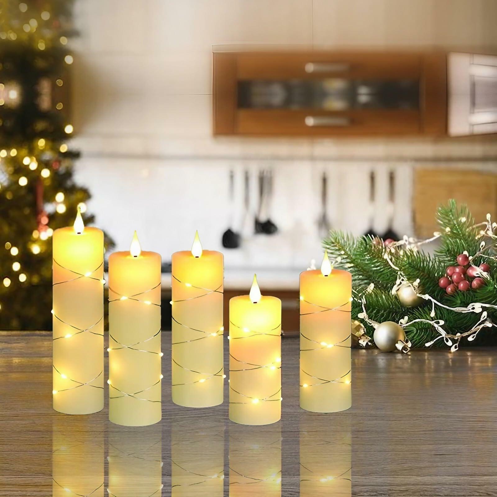 Niceme 5PCS Flameless Pillar Candles with Embedded String Lights Ivory