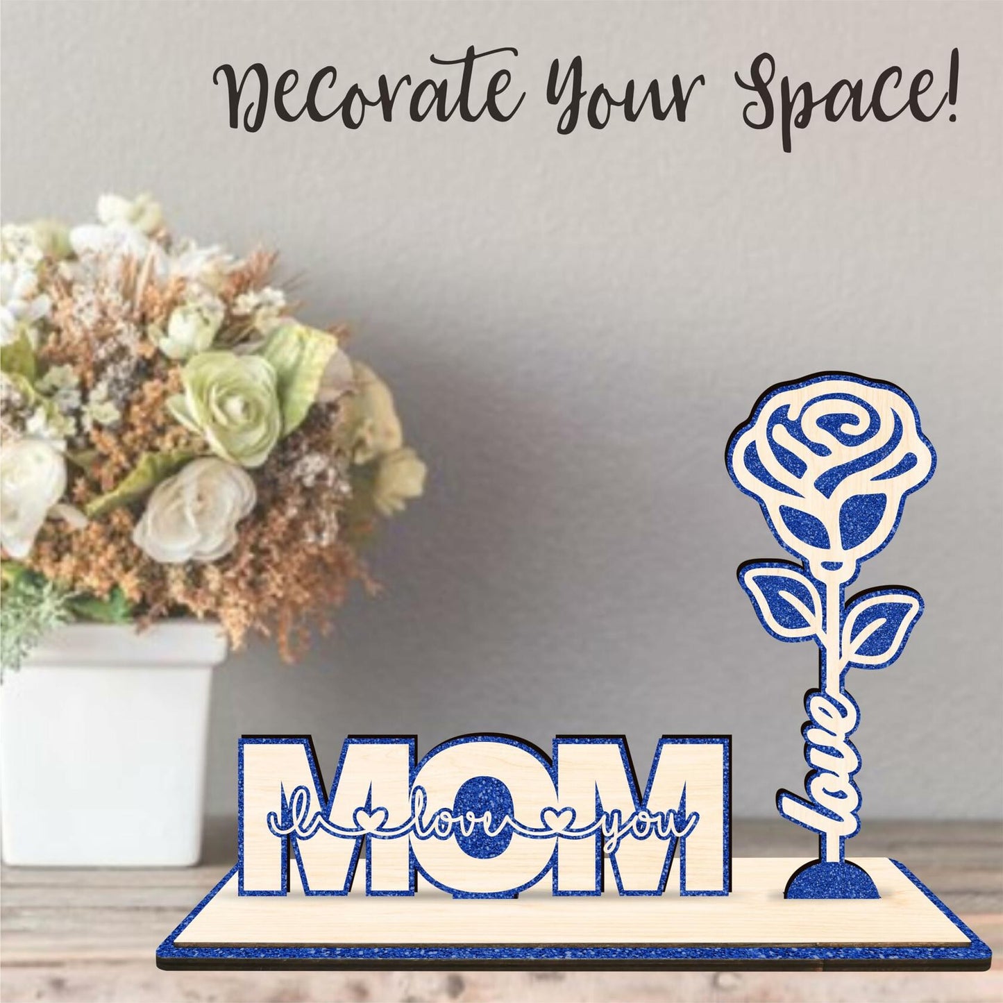 Nuckxy Wooden Rose with Stand Mom I Love You Decor Blue Desktop Ornament
