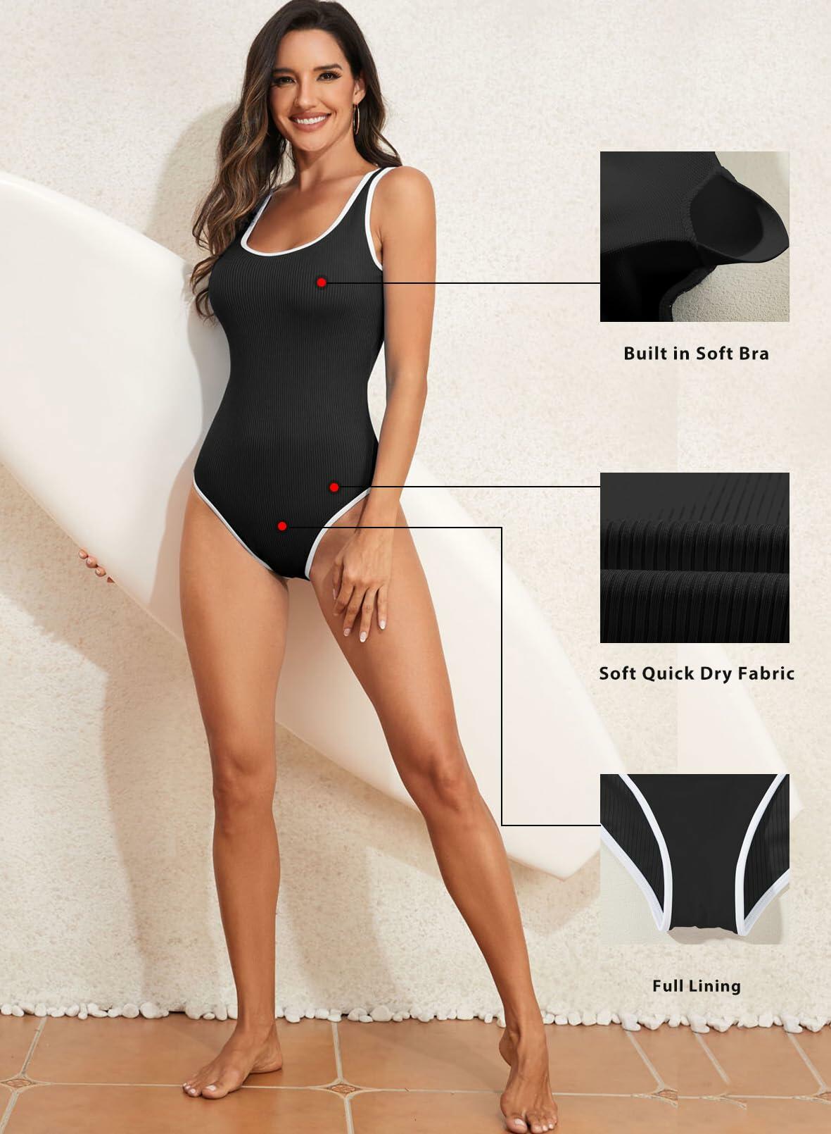 Aleumdr One Piece Swimsuit Women High Cut Tummy Control Ribbed Black Size S