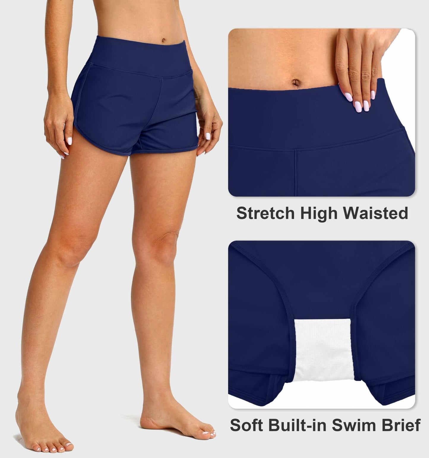 Blouty Women's Swim Board Shorts High Waisted Tummy Control Pockets Navy Size M