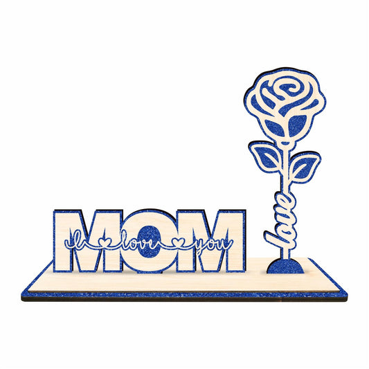 Nuckxy Wooden Rose with Stand Mom I Love You Decor Blue Desktop Ornament