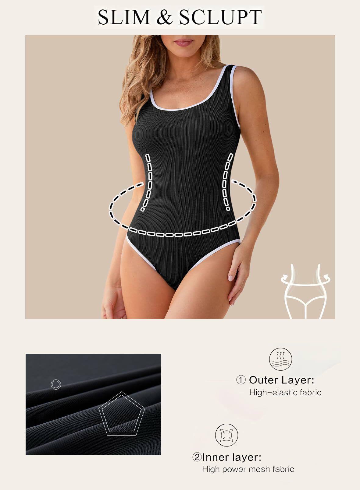 Aleumdr One Piece Swimsuit Women High Cut Tummy Control Ribbed Black Size S