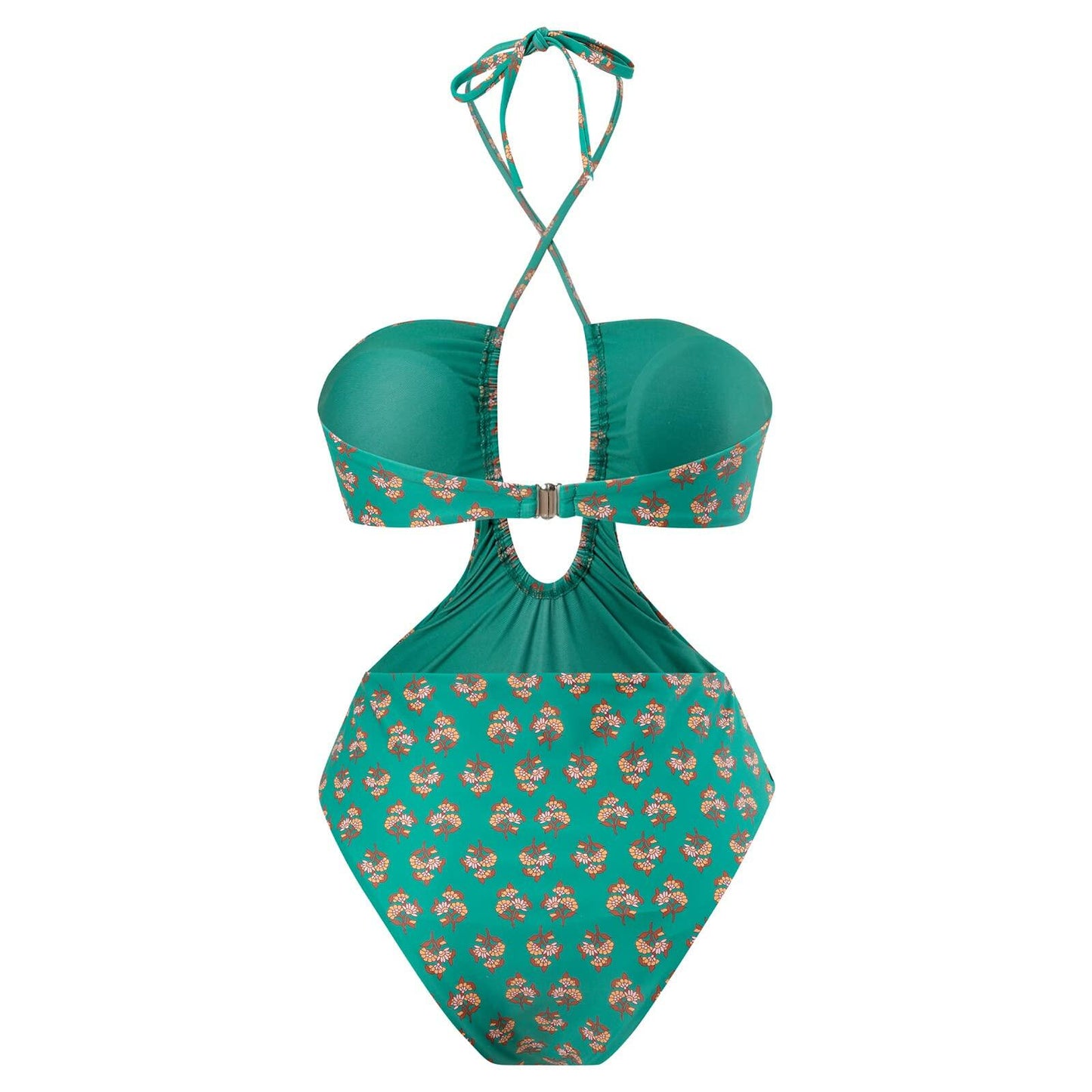 Hawaiian One Piece Swimsuit & Cover Up Wrap Skirt Set Halter Green Size L