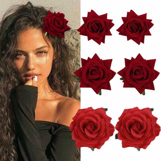 6Pcs Red Rose Hair Clips Artificial Flower Hair Accessories Flamenco