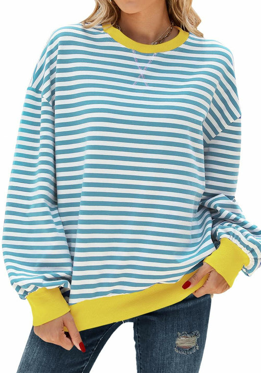 Pmgarmi Women's Oversized Striped Crewneck Sweatshirt Blue White XL