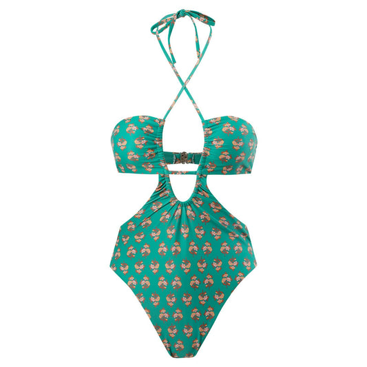 Hawaiian One Piece Swimsuit & Cover Up Wrap Skirt Set Halter Green Size L