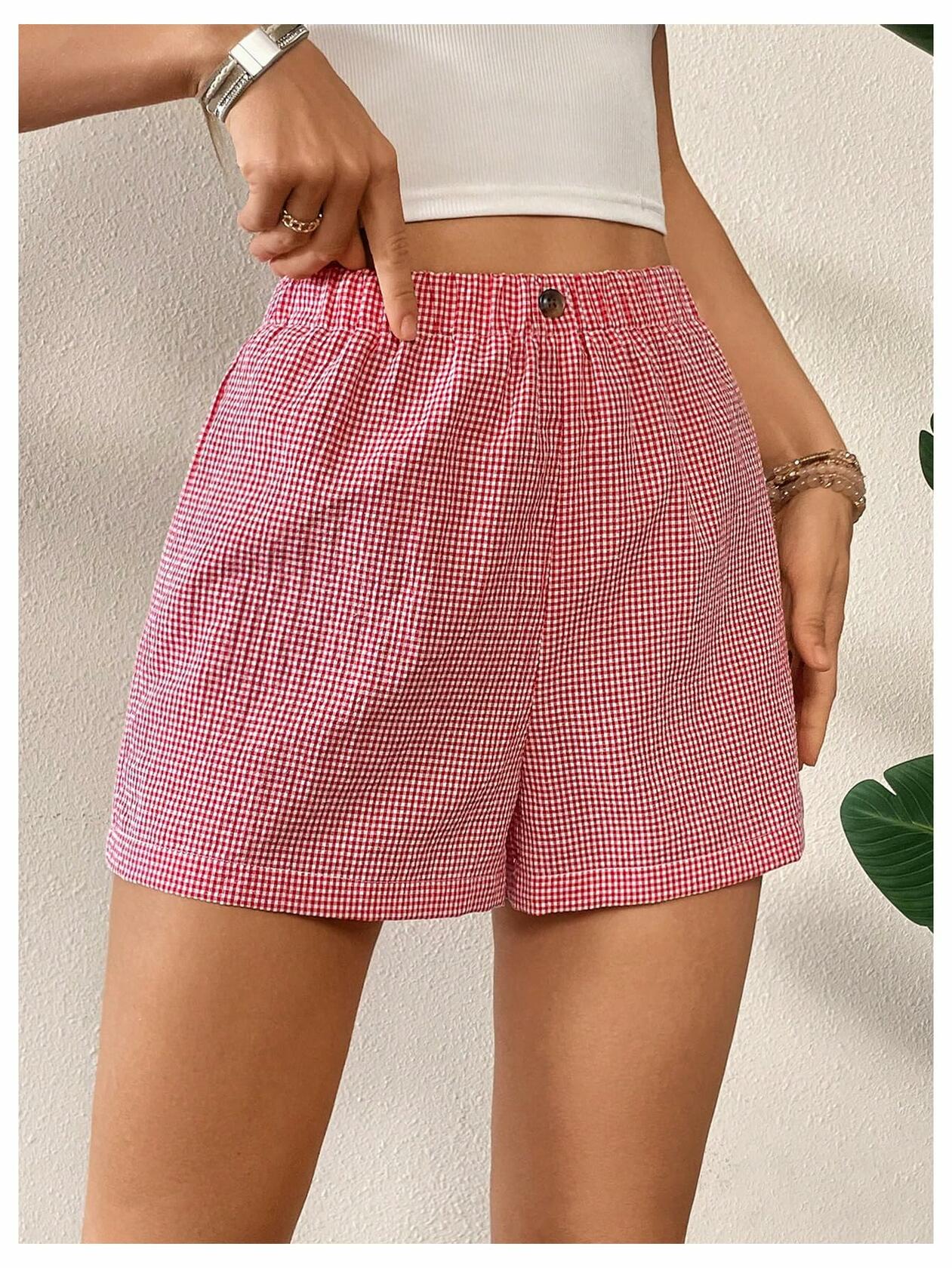 lVerdusa Women’s Plaid Elastic Waist High Waist Casual Shorts Red White XS