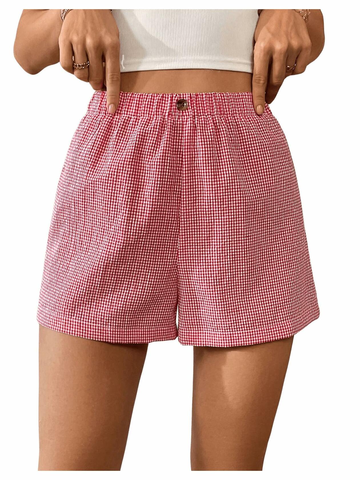 lVerdusa Women’s Plaid Elastic Waist High Waist Casual Shorts Red White XS