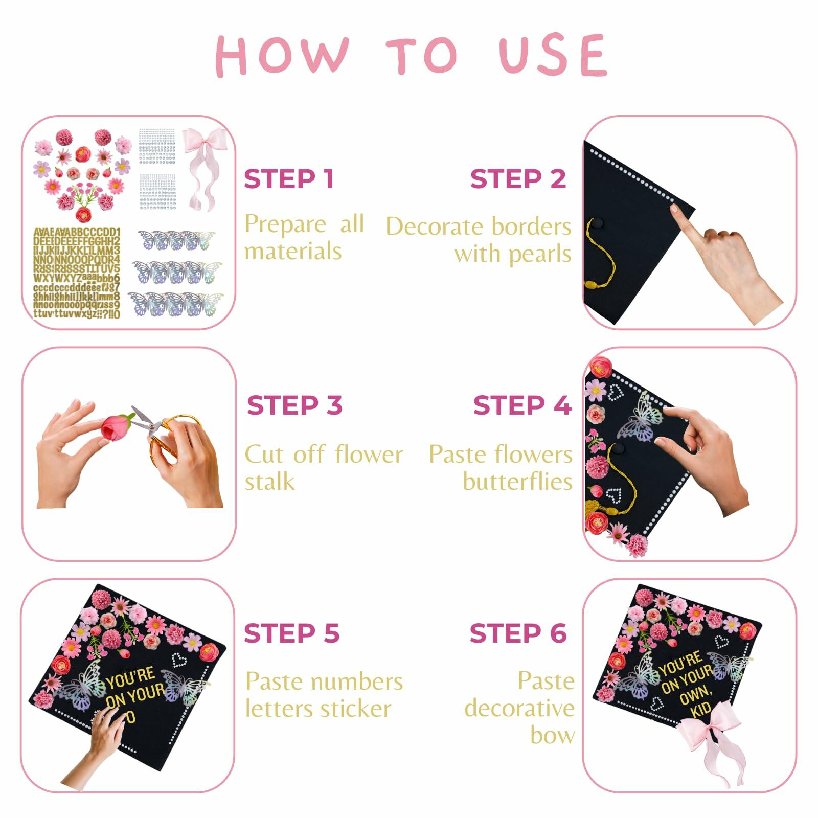 Graduation Cap Decorations 2025 Grad Kit Flowers Butterfly Pearls DIY Set