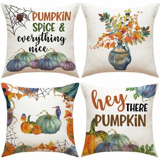 Fall Pumpkin Maple Leaf Pillow Covers 18x18 Set of 4 Autumn Thanksgiving