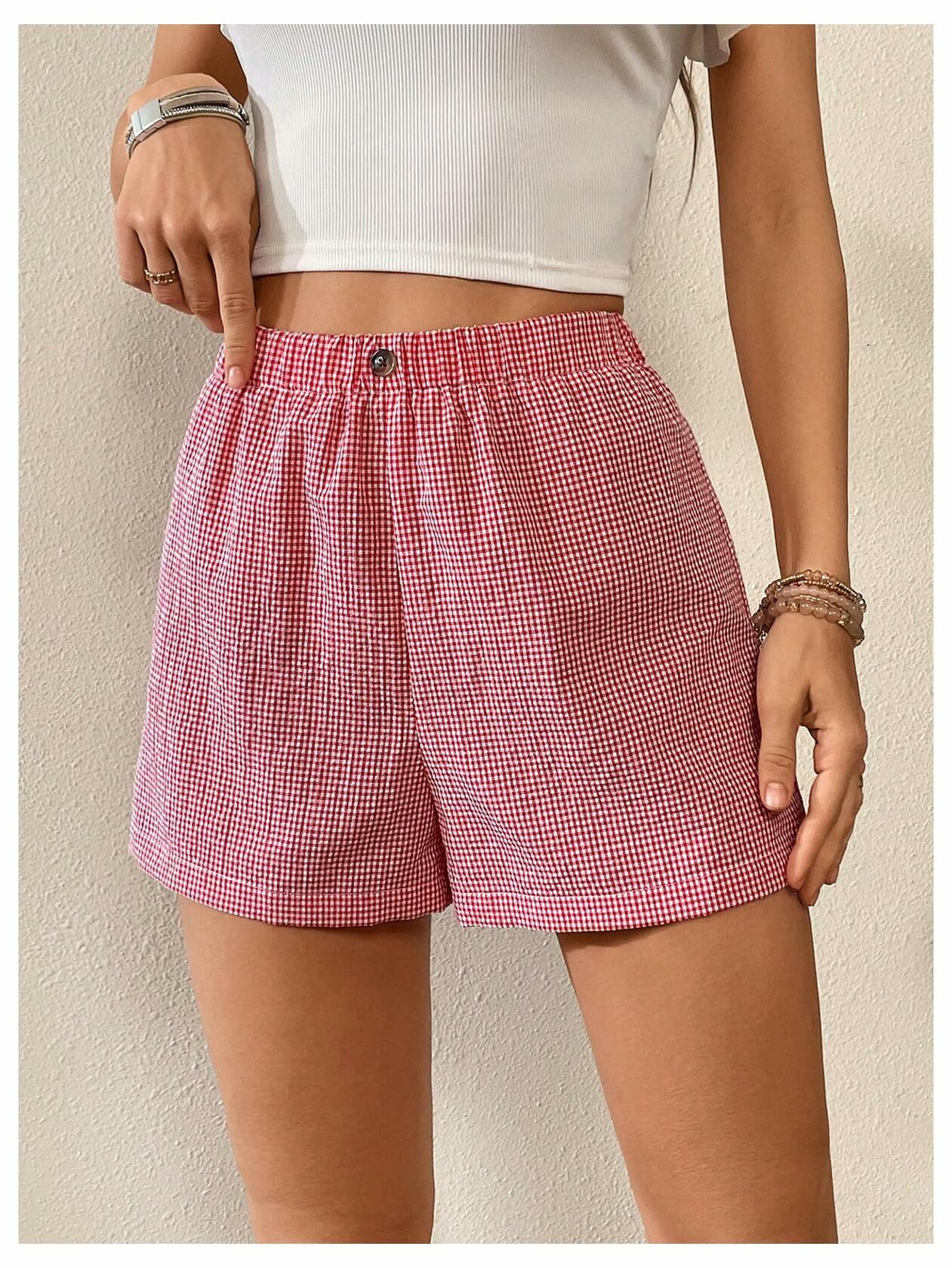 lVerdusa Women’s Plaid Elastic Waist High Waist Casual Shorts Red White XS