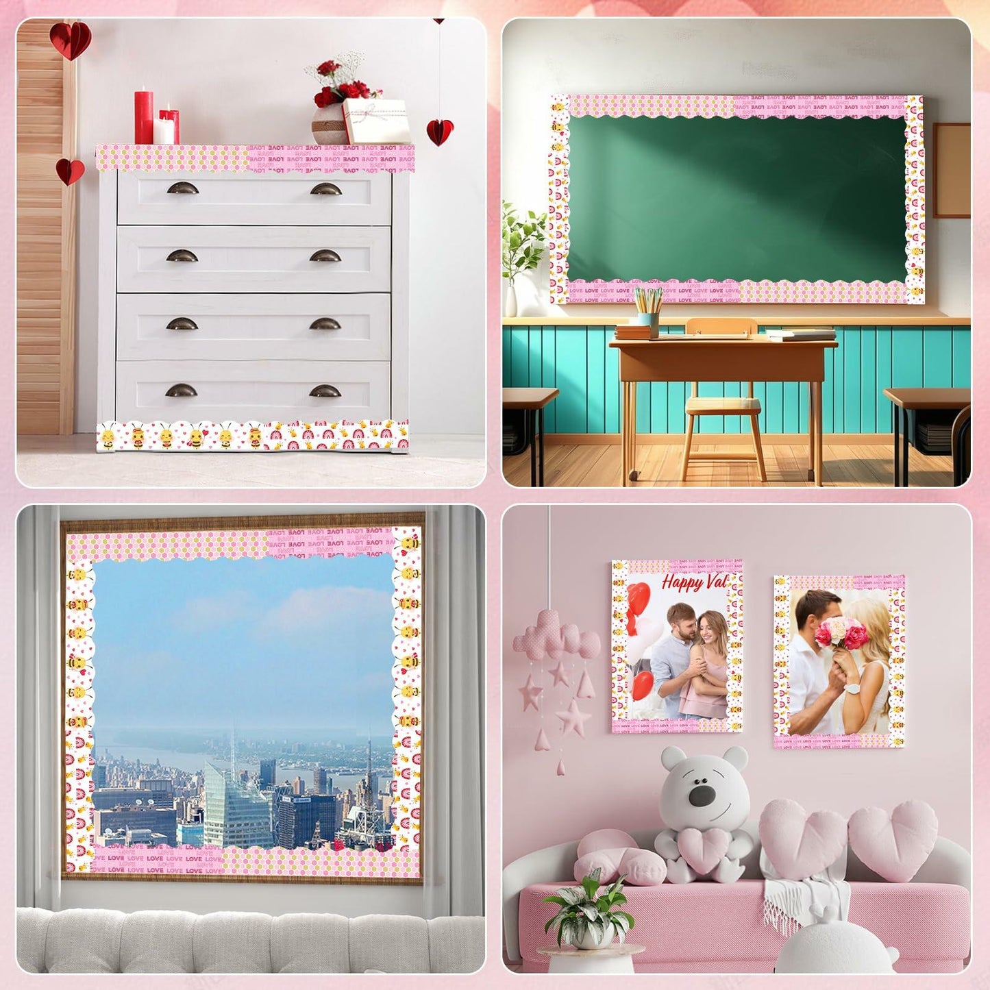 4 Rolls Valentine’s Day Bulletin Board Borders 131Ft Pink Bee Mine Trim