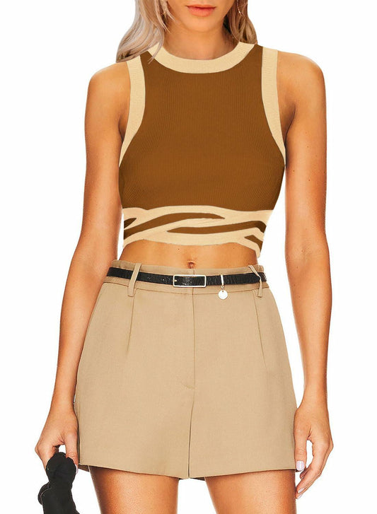 MIHOLL Women's Sleeveless Contrast Crop Top Cami Shirt Coffee Size L