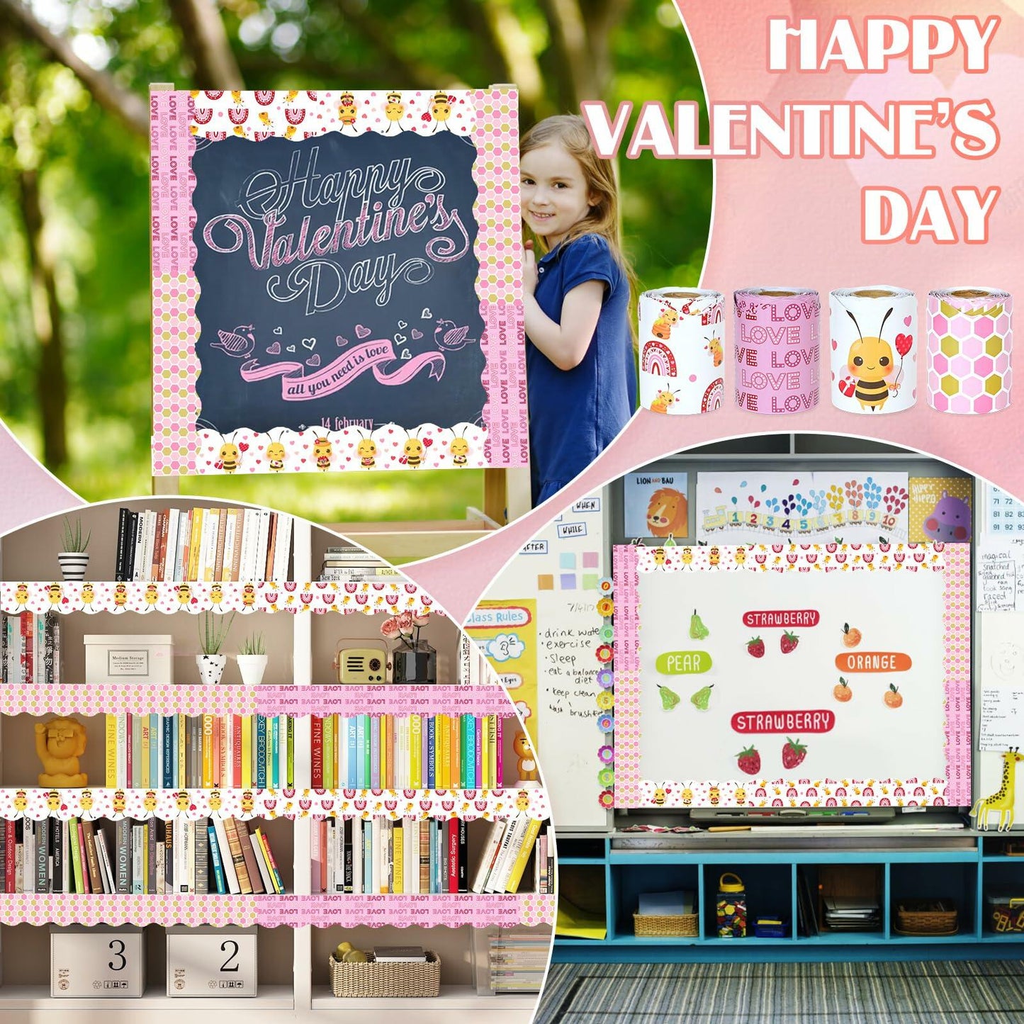 4 Rolls Valentine’s Day Bulletin Board Borders 131Ft Pink Bee Mine Trim