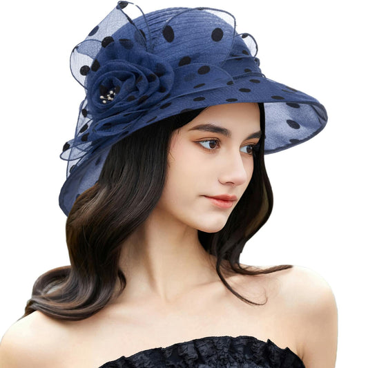 French Kentucky Women's Polka-Dot Organza-Brim Derby Hat Navy