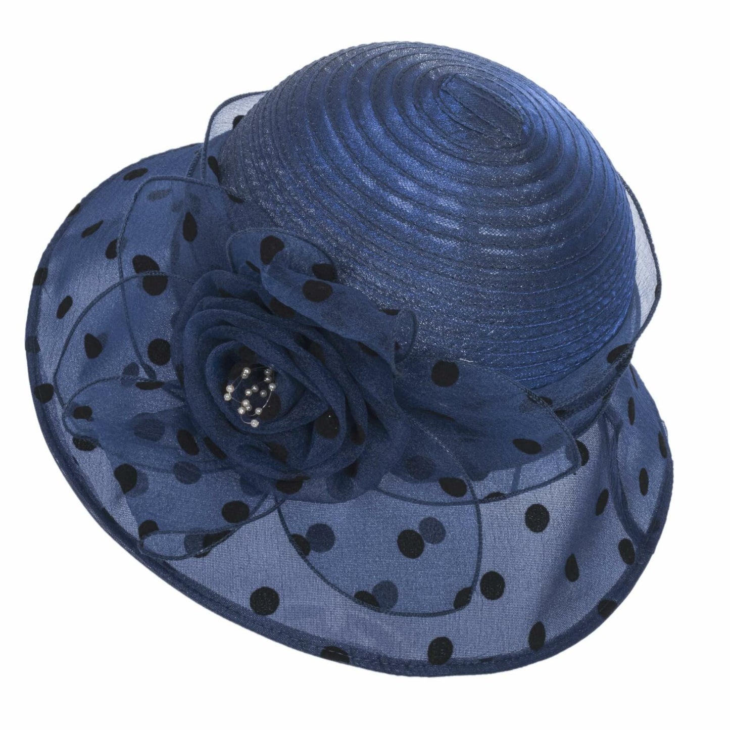 French Kentucky Women's Polka-Dot Organza-Brim Derby Hat Navy