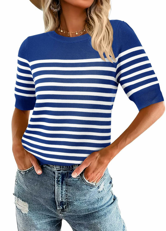 Amkoyam Women's Striped Ribbed Knit Pullover Sweater Top Dark Blue Size Small