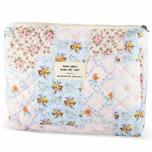 URSKYTOUS Cotton Quilted Large Floral Makeup Bag Flower Portable