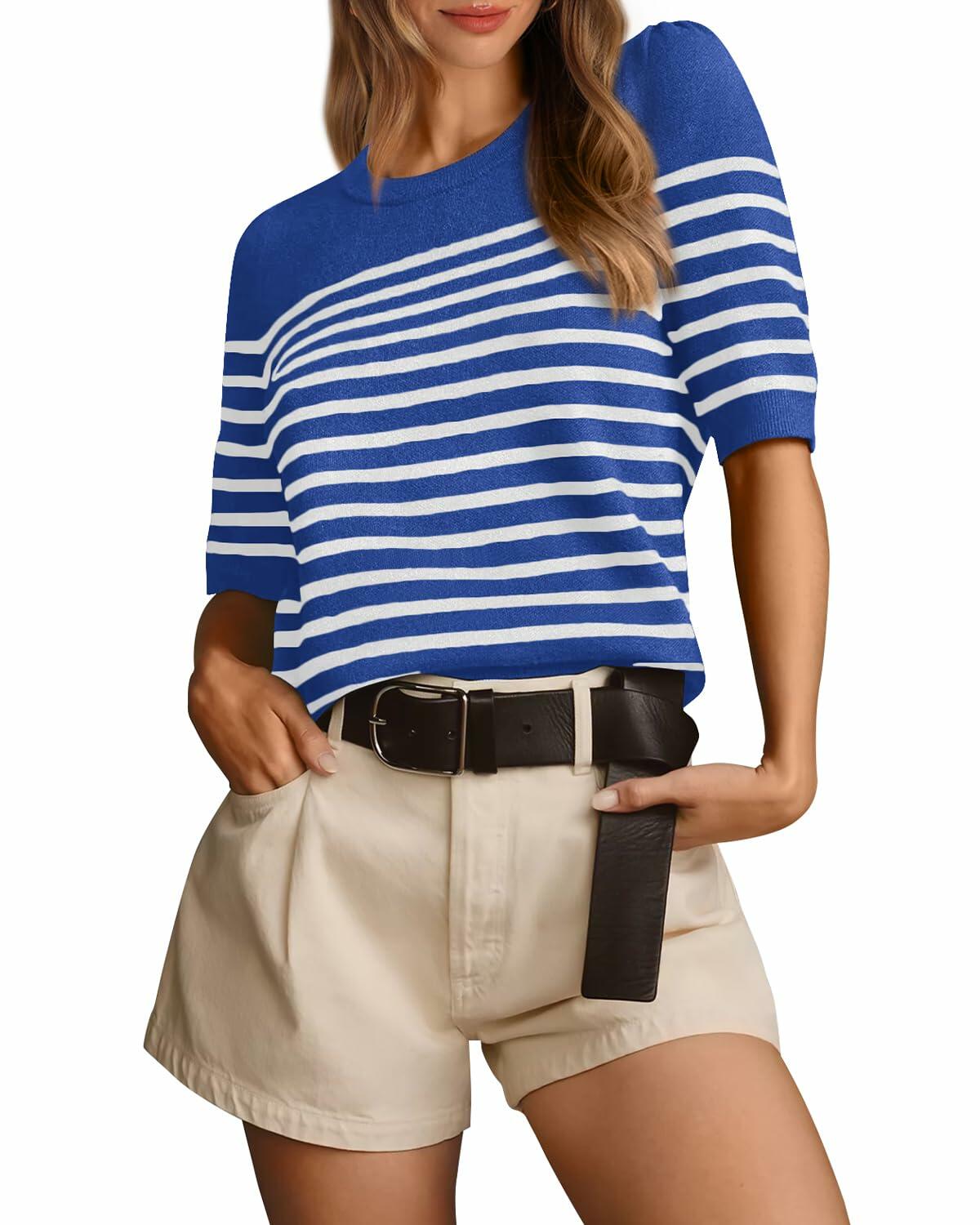 Amkoyam Women's Striped Ribbed Knit Pullover Sweater Top Dark Blue Size Small