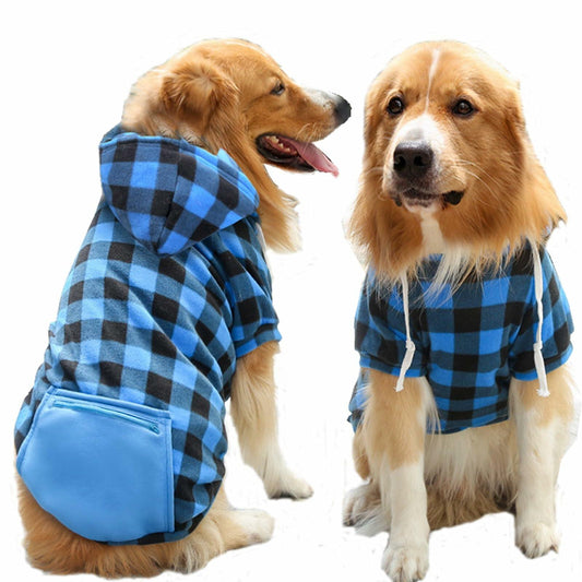 Plaid Dog Hoodie with Zipper Pocket Fleece Winter Clothes Blue Size 4XL
