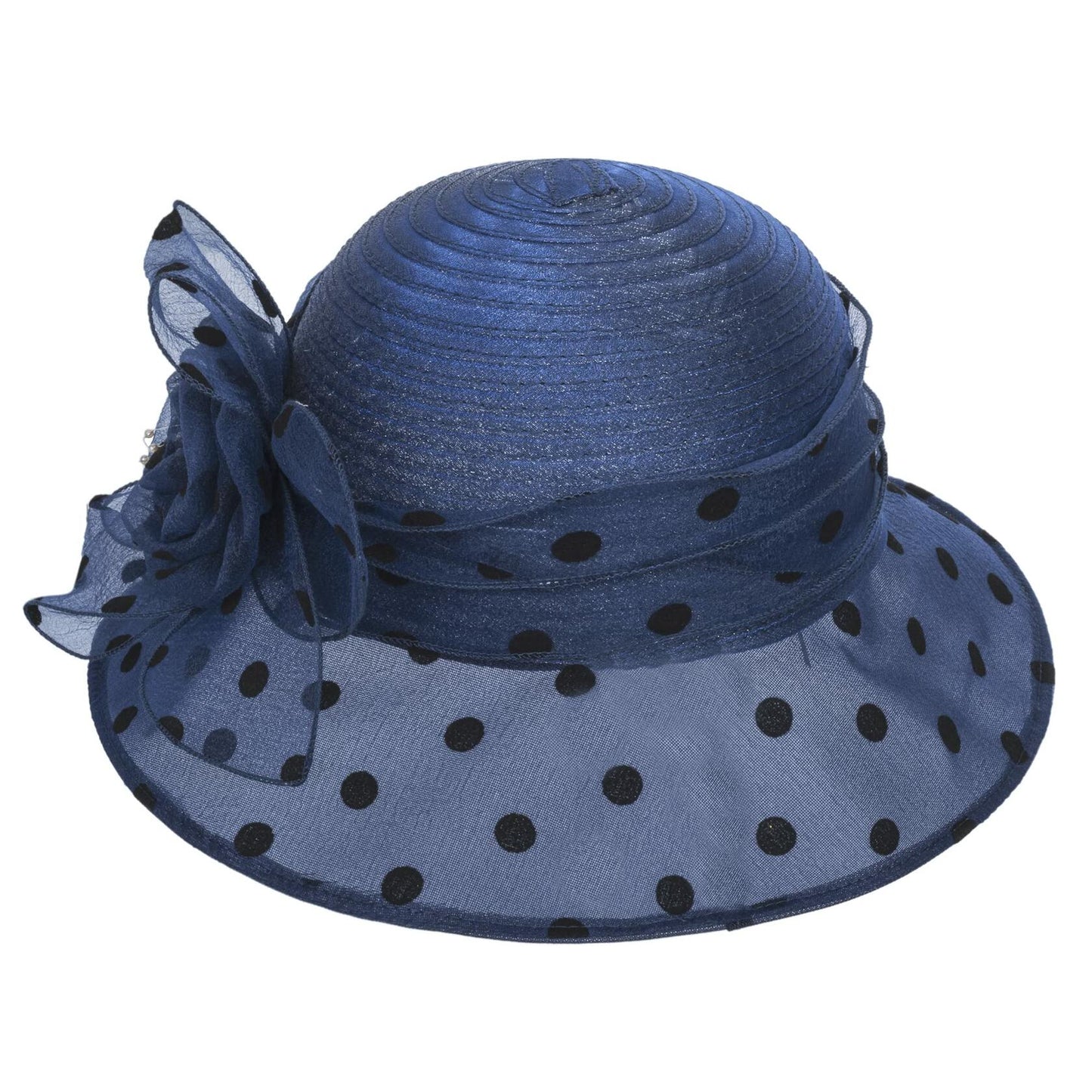 French Kentucky Women's Polka-Dot Organza-Brim Derby Hat Navy