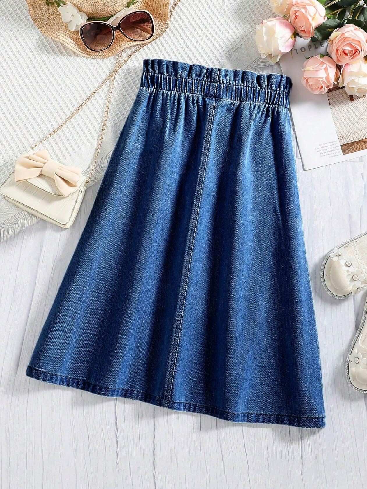 COZYEASE Girls Paperbag High Waist A Line Denim Skirt Dark Wash Size 11-12Y