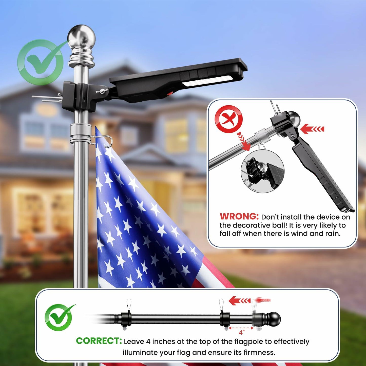 [Like New] Brightown Solar Flag Pole Light 3600mAh LED IP65 Waterproof Black