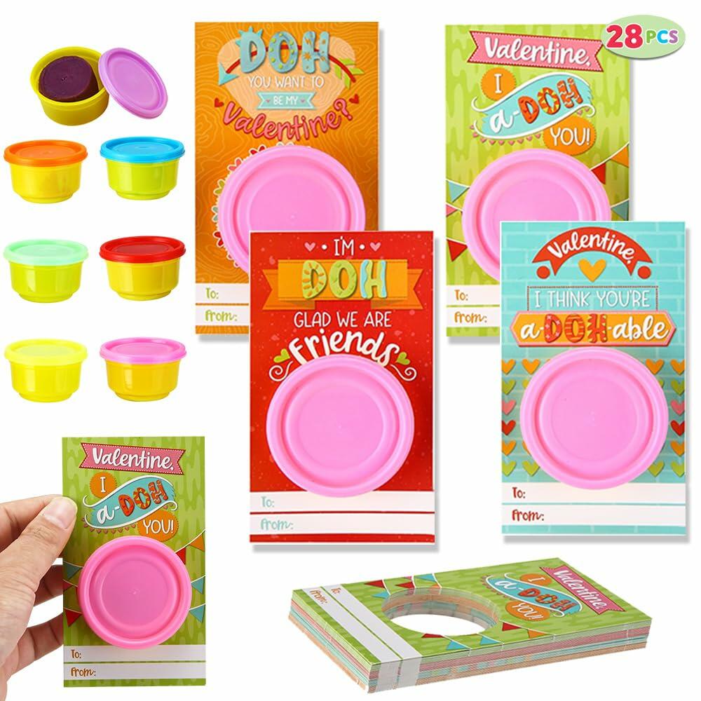 [Like New] JOYIN 28 PCS Valentine Gift Cards with Colorful Playing Dough Kids Party Favors