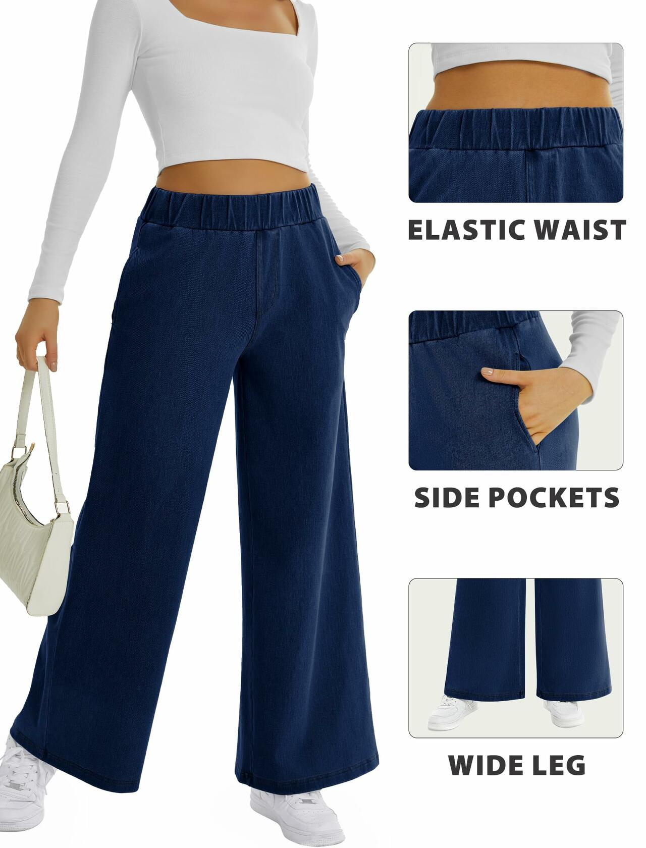 FireSwan Women's Wide Leg Jeans Mid Rise Elastic Waist Dark Wash