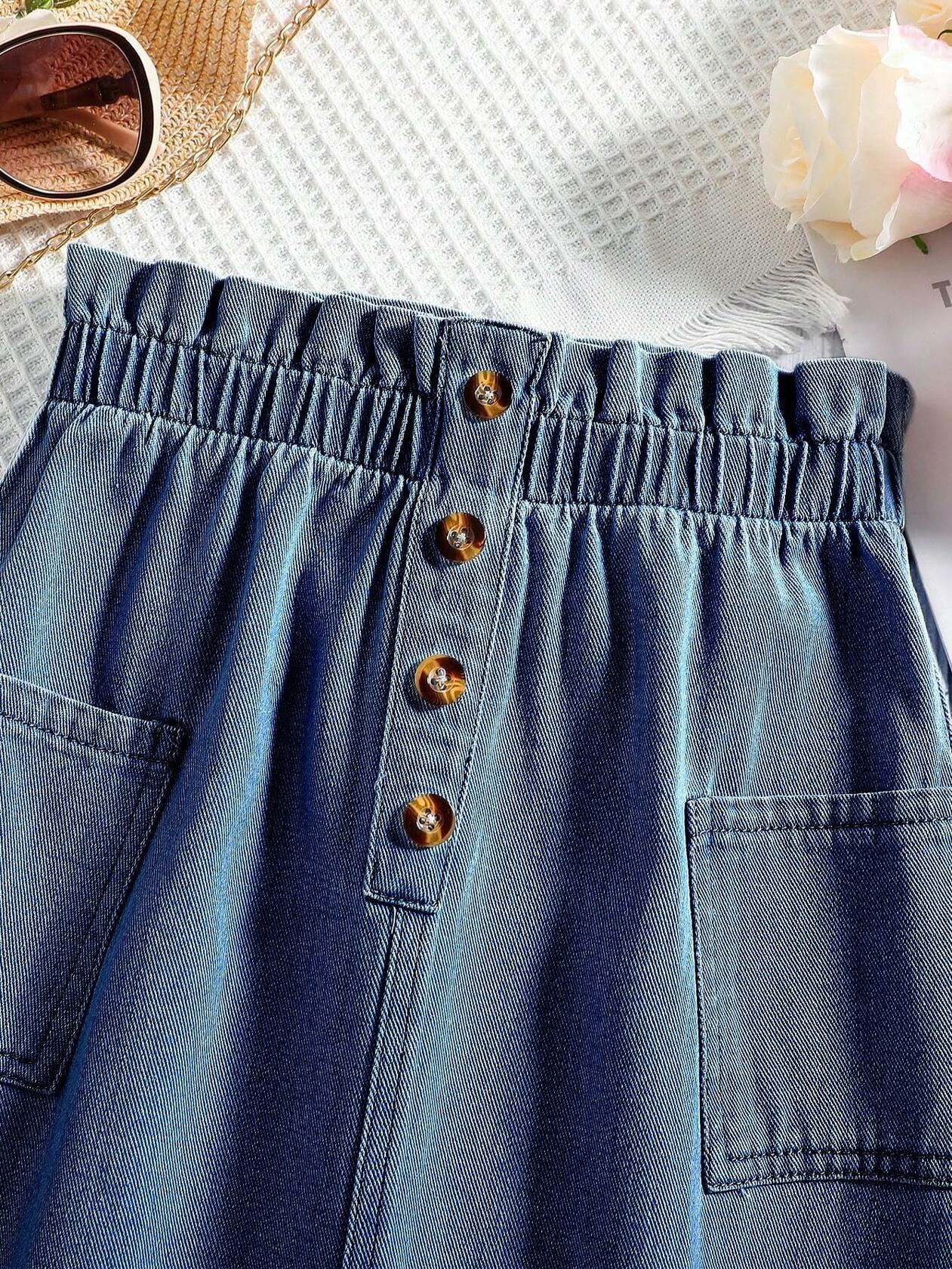 COZYEASE Girls Paperbag High Waist A Line Denim Skirt Dark Wash Size 11-12Y