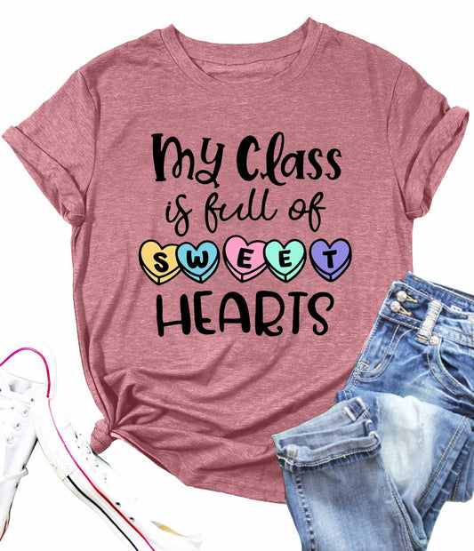 PECHAR Valentines Day Teacher Shirt Women Hearts Graphic