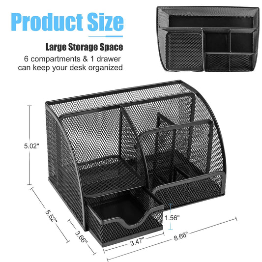 HOPECK Mesh Desk Organizer 6 Compartments 1 Drawer Black Multi-Functional