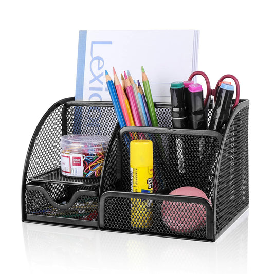 HOPECK Mesh Desk Organizer 6 Compartments 1 Drawer Black Multi-Functional