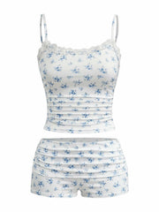 RoseSeek Women's Floral Print Ruched Lace Cami Crop Top & Shorts Set White Size