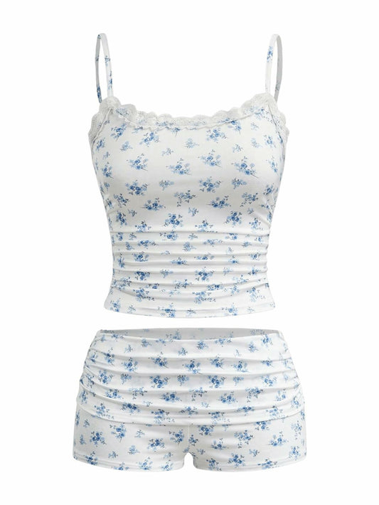 RoseSeek Women's Floral Print Ruched Lace Cami Crop Top & Shorts Set White Size
