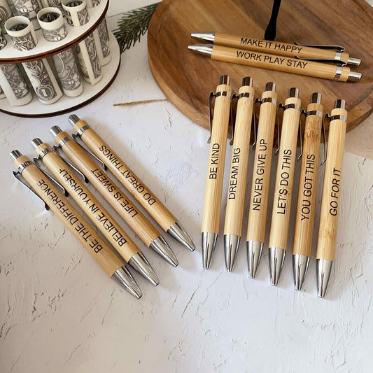 Jxueych Bamboo Retractable Ballpoint Pens 12 Pack Black Ink 1mm Motivational