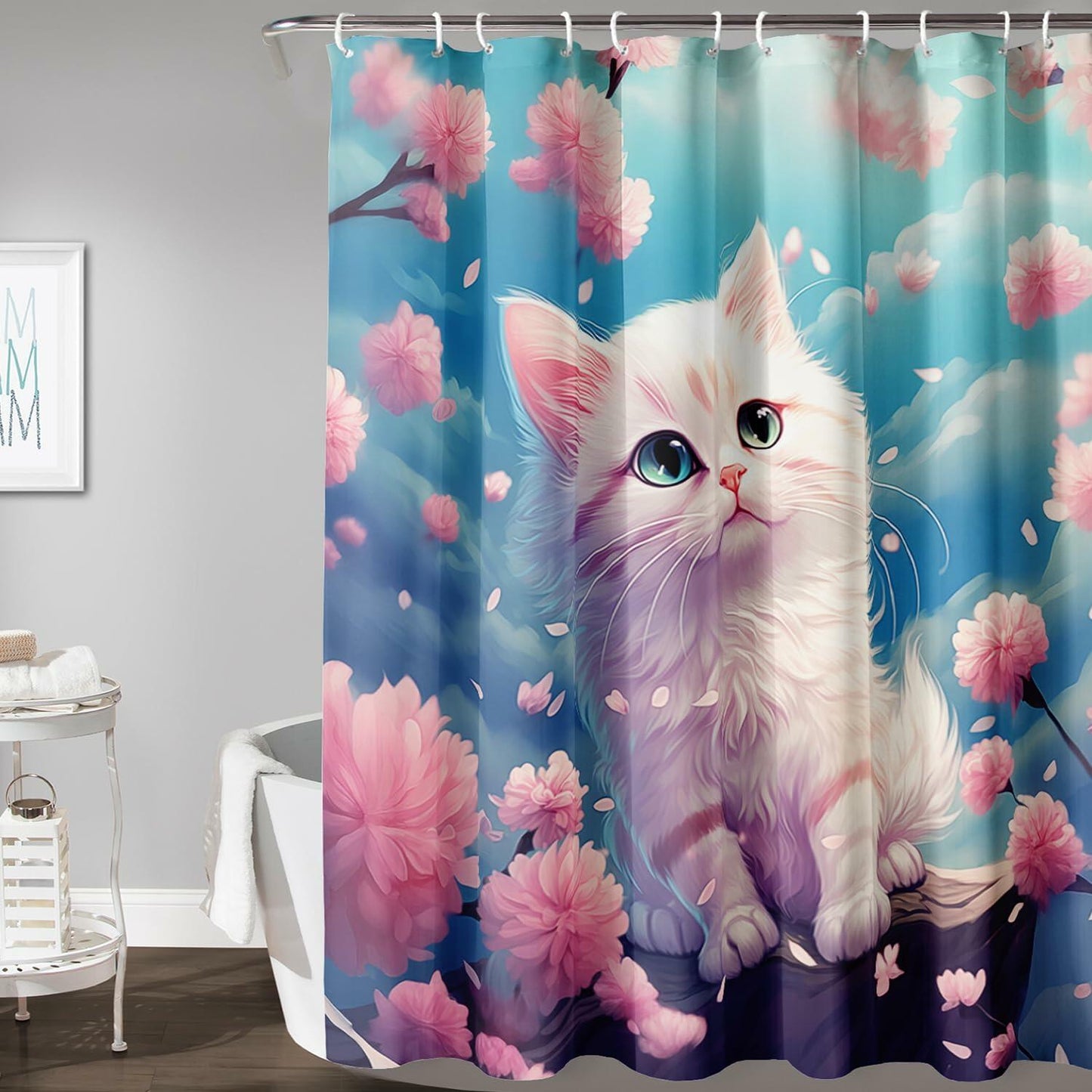 AILONEN 3D Printed White Kitten Shower Curtain 72x84 Blue Pink Floral Hooks