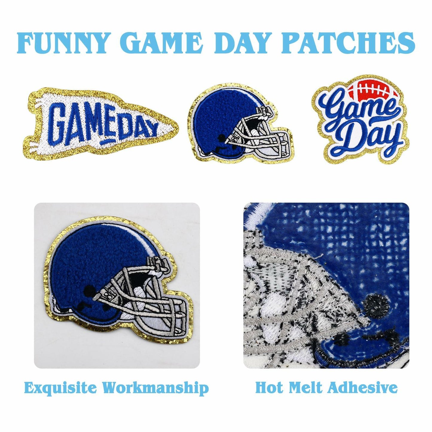 Tmtains Football Helmet Iron-On Patches Blue 6Pc Embroidered Game Day