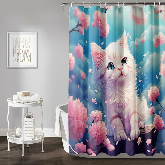 AILONEN 3D Printed White Kitten Shower Curtain 72x84 Blue Pink Floral Hooks