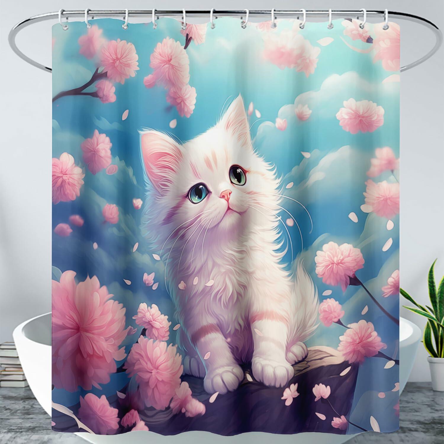 AILONEN 3D Printed White Kitten Shower Curtain 72x84 Blue Pink Floral Hooks